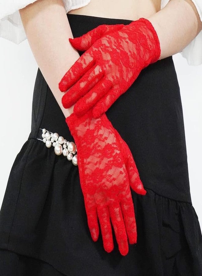 KETKAR Ladies Lace Short Wedding Gloves Elegant Bridal Floral Lace Party Gloves_Red - Image 3